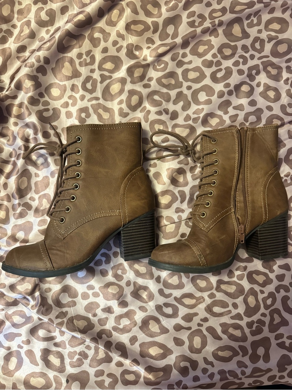 Faded Glory Tan Lace-Up Block Heel Ankle Boots